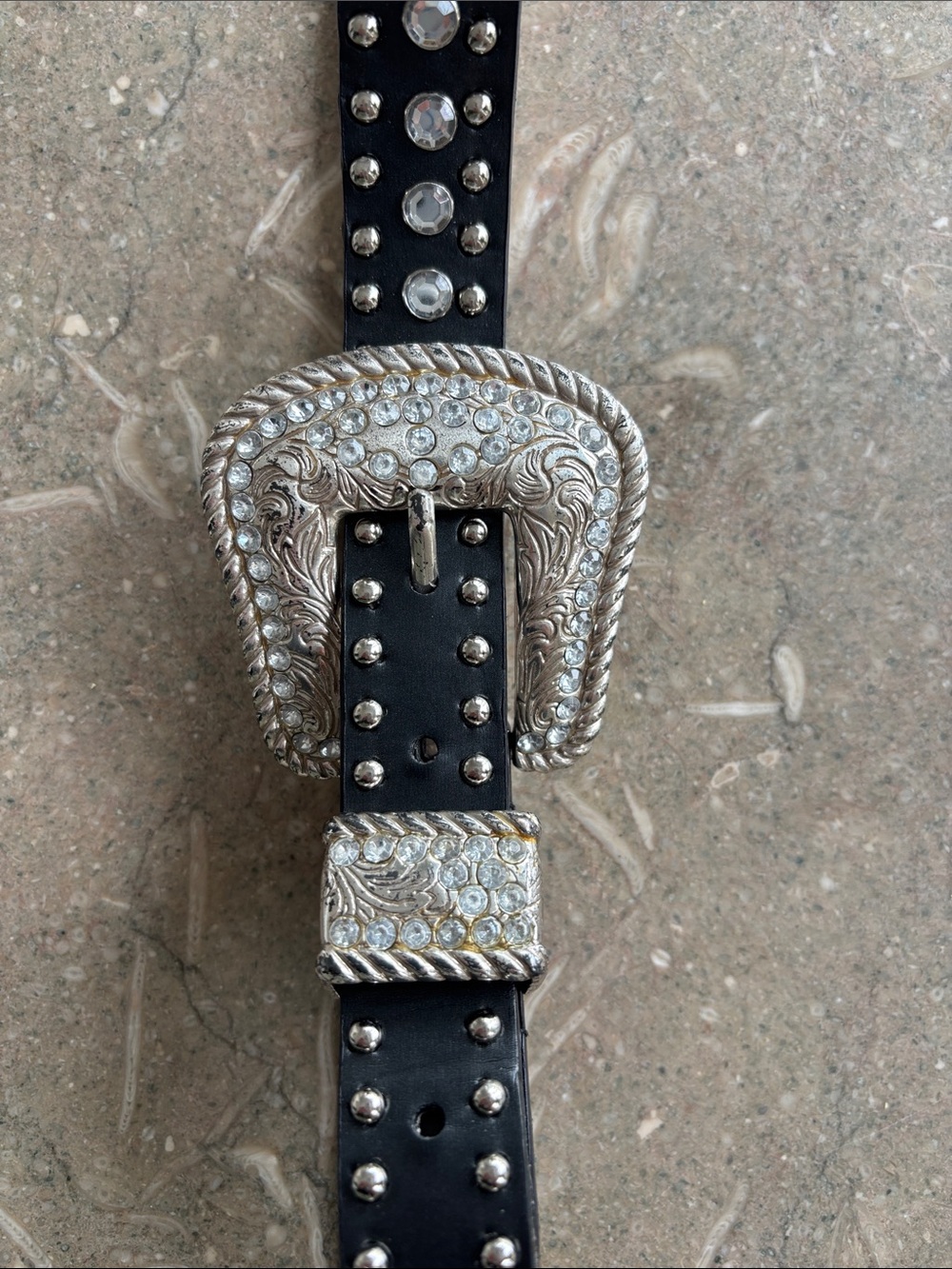 Black Studded Western Belt with Rhinestone Silver Buckled